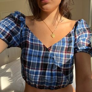 Wild fable plaid crop top with pufffed sleeves